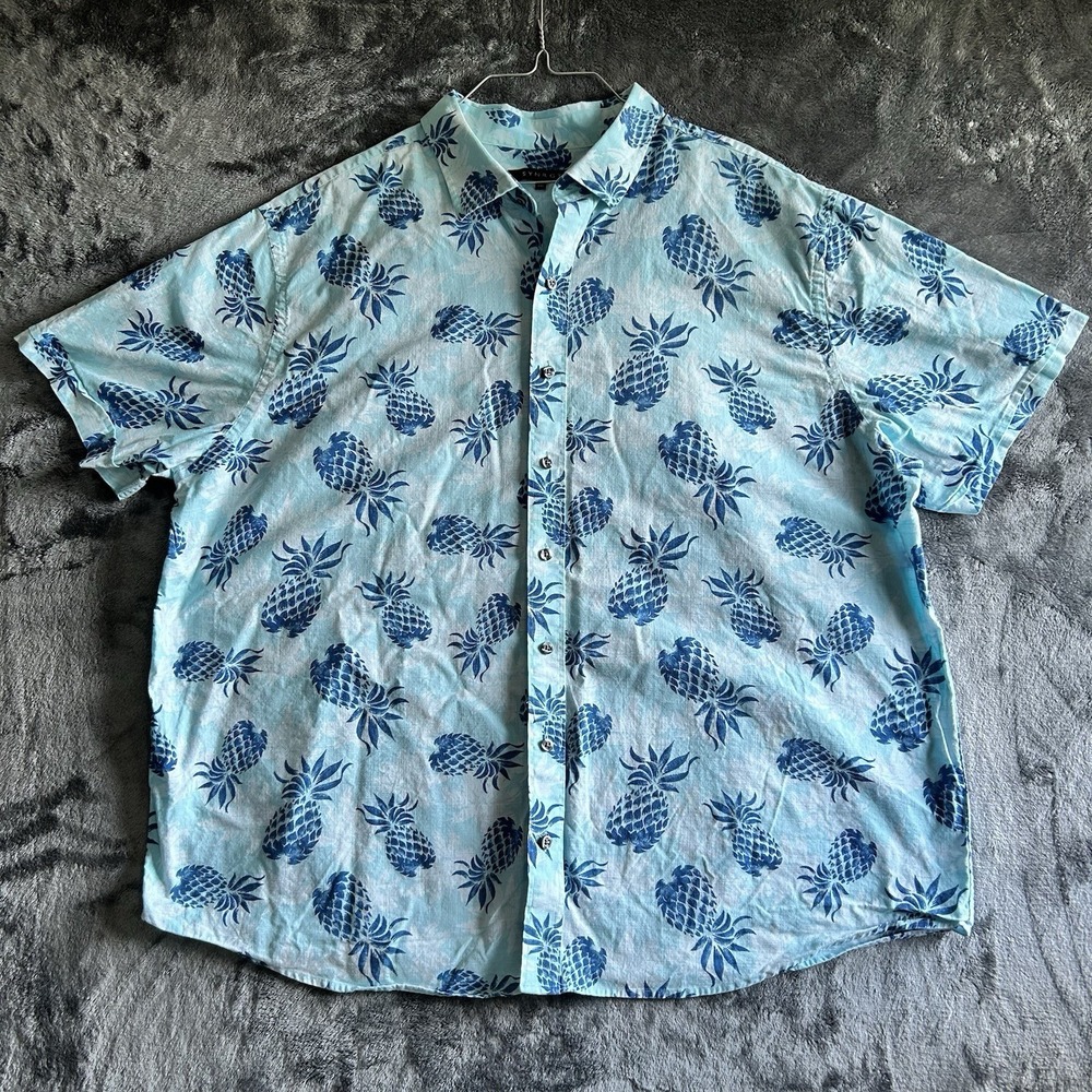 Synrgy‎ Pineapple Hawaiian Shirt Mens 2XL Blue Tropical Button Up Beach Camp
